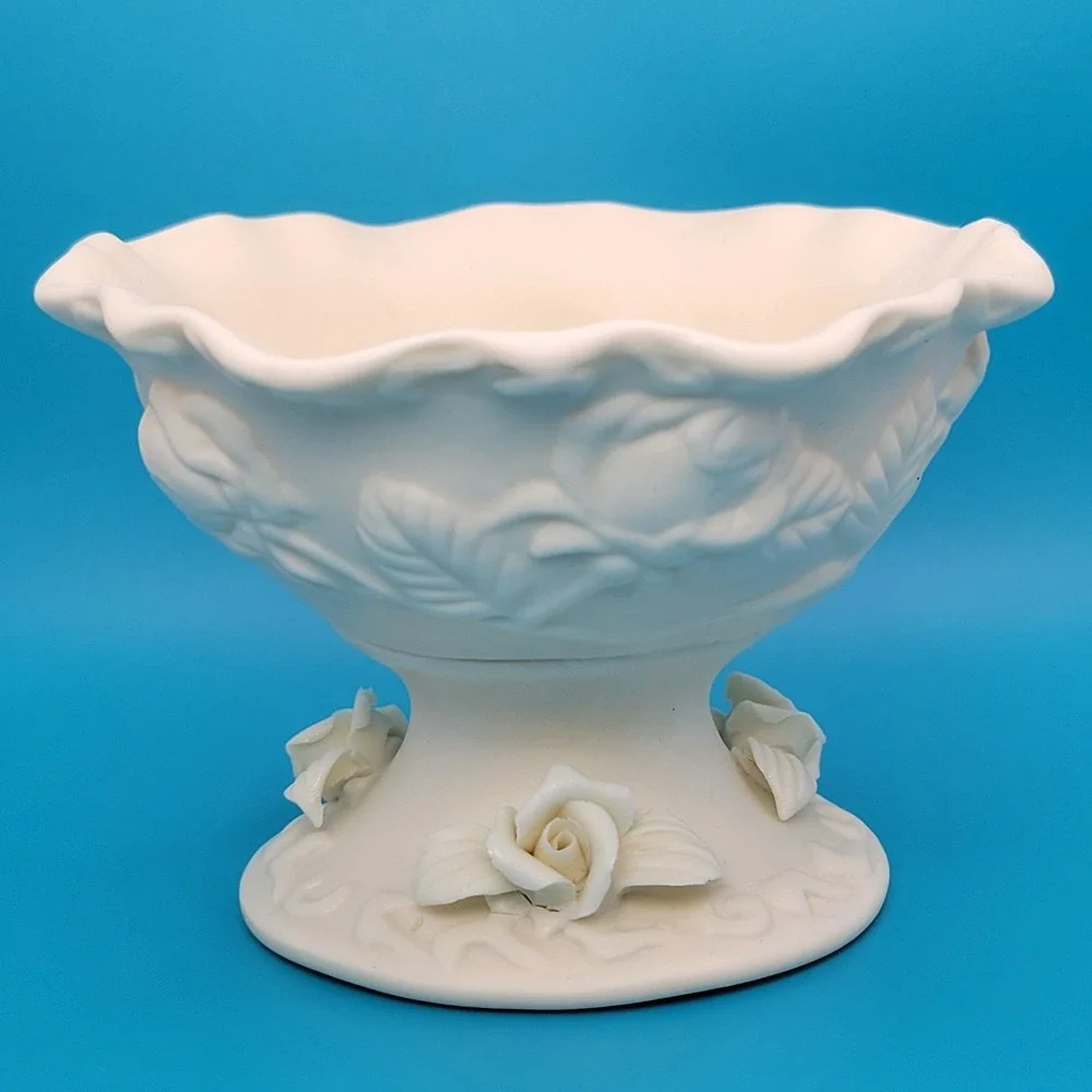 Vtg Hermitage Bisque Porcelain‎ Pedestal Compote Candy Dish Roses Cottage 1998